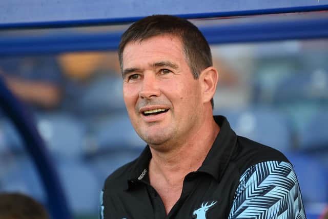MANSFIELD, ENGLAND - AUGUST 09: Mansfield manager Nigel Clough looks on during the Carabao Cup First Round match between Mansfield Town and Derby County at Field Mill on August 09, 2022 in Mansfield, England. (Photo by Michael Regan/Getty Images)