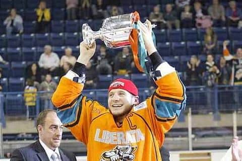 GREAT TIMES: Jonathan Phillips celebrates winning the Elite League play-offs in 2008. Picture courtesy of Steelers Media.