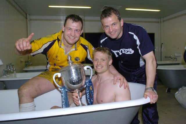 Leeds Tykes' Iain Balshaw with Mark Regan and Jon Callard who all helped beat their former team Bath in the 2005 Powergen Cup final (Picture: Steve Riding)