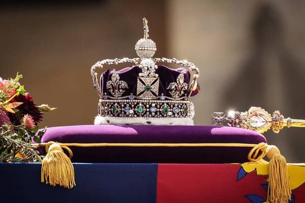 The Imperial State Crown resting on top of Queen Elizabeth II's coffin. (Pic credit: Christopher Furlong / Getty Images)