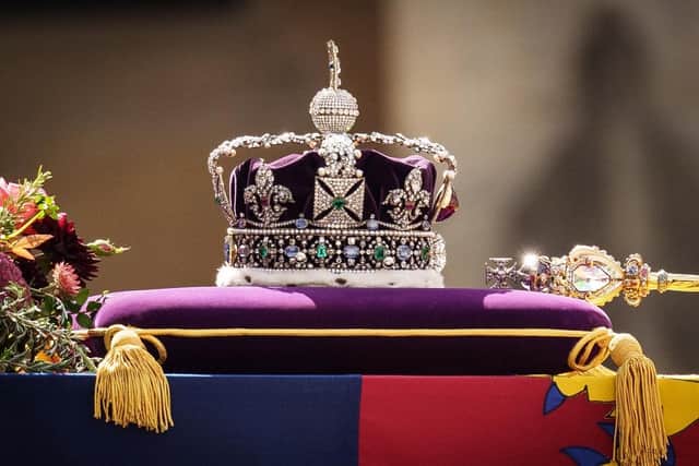 The Imperial State Crown resting on top of Queen Elizabeth II's coffin. (Pic credit: Christopher Furlong / Getty Images)