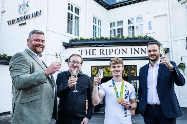 (L to R) Sean Donkin, Group CEO, The Inn Collection Group, Daniel Chrisp, general manager, The Ripon Inn, Jack Laugher MBE, Chris Liddell, operations manager, The Inn Collection Group. Photograph: Stuart Boulton/The Inn Company