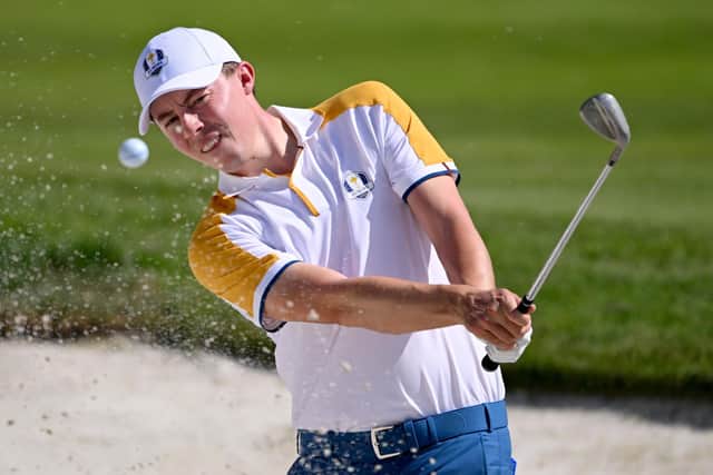 Matt Fitzpatrick of Team Europe plays a shot from a bunker on the eighth hole during a practice round prior to the 2023 Ryder Cup at Marco Simone Golf Club on September 26, 2023 in Rome (Picture: Ross Kinnaird/Getty Images)