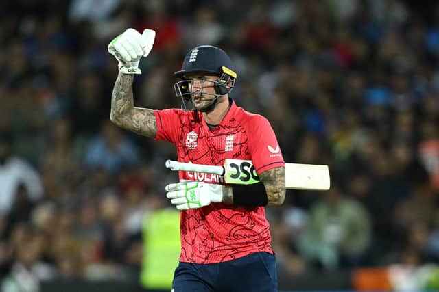 England's Alex Hales celebrates reaching a half century  during the T20 World Cup semi-final match at the Adelaide Oval, Adelaide (Picture: PA)