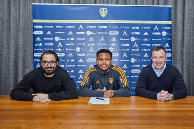 LOAN STAR: Weston McKennie (pictured centre with Leeds United sporting director Victor Orta and chief executive Angus Kinnear) has moved to the Premier League from Juventus on loan