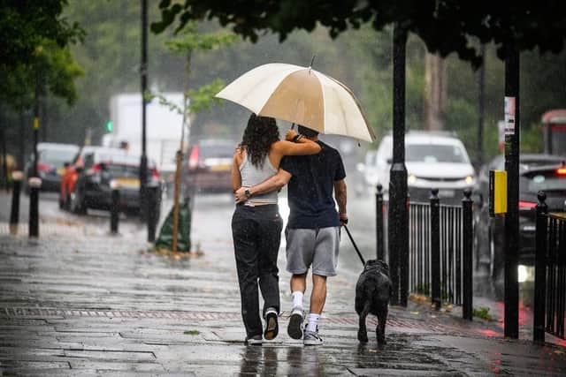 A couple shelter under an umbrella during a dog walk. (Pic credit: Leon Neal / Getty Images)