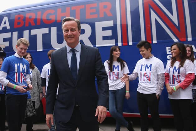 Then Prime Minister David Cameron at the launch of the 'Brighter Future In' campaign bus in the run up to the EU referendum in 2016. (Photo by Dan Kitwood - WPA Pool /Getty Images)