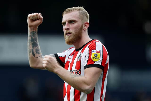 WEST BROMWICH, ENGLAND - OCTOBER 29: Oliver McBurnie of Sheffield United acknowledges the fans following their sides victory the Sky Bet Championship between West Bromwich Albion and Sheffield United at The Hawthorns on October 29, 2022 in West Bromwich, England. (Photo by Morgan Harlow/Getty Images)