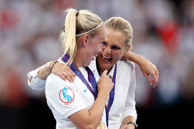 Beth Mead of England celebrates with Sarina Wiegman, Manager of England during the UEFA Women's Euro 2022 final match between England and Germany at Wembley Stadium (Picture: Naomi Baker/Getty Images)
