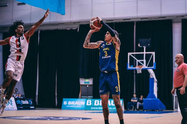 Channel Banks attempts a three-pointer against Leicester Riders (Picture: Adam Bates)