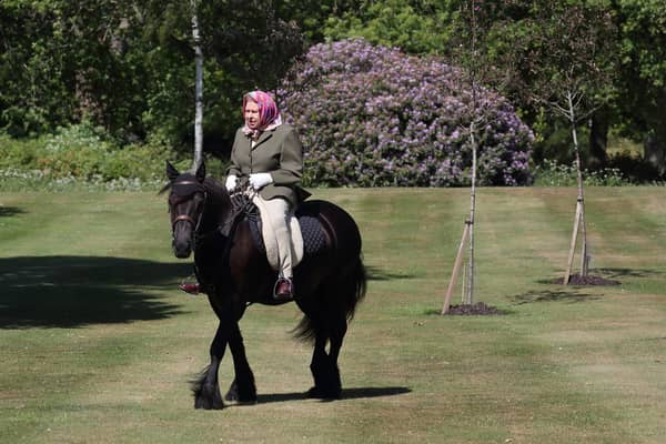 Queen Elizabeth II rides Balmoral Fern, a 14-year-old Fell Pony, in Windsor Home Park over the weekend of May 30 and May 31, 2020. (Photo by Steve Parsons - WPA Pool/Getty Images)