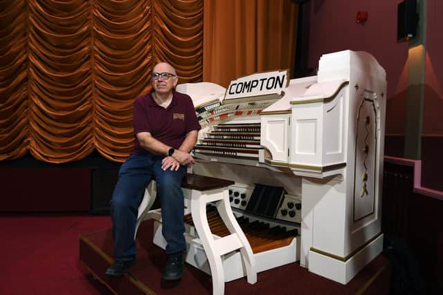 Penistone Paramount manager Brian Barnsley seated in the cinema and next to the organ – the Compton, which has more than 1,000 organ pipes in a purpose-built area under the stage. It can produce sounds ranging from a string orchestra to a dance band. Photogtaphed for The Yorkshire Post by Jonathan Gawthorpe.