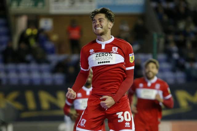 Middlesbrough's Hayden Hackney celebrates after scoring their side's third goal at Wigan (Picture: PA)