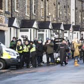Filming for Happy Valley at Bath Place, Boothtown, earlier this year.