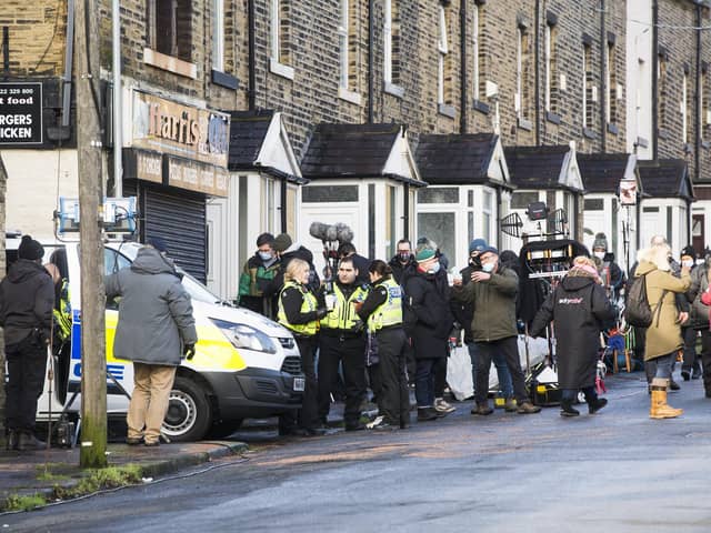 Filming for Happy Valley at Bath Place, Boothtown, earlier this year.