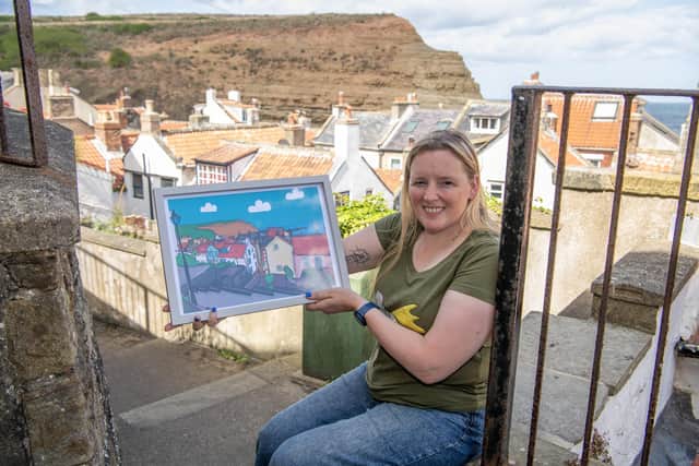 Work by Illustrator Sarah Westwood inspired by her dog Sprocket who was her faithful friend until he passed away and she incorporated him into her designs, illustrations, ceramics - which feature scenes from all around Yorkshire including Staithes and Scarborough. Photograph by Tony Johnson.