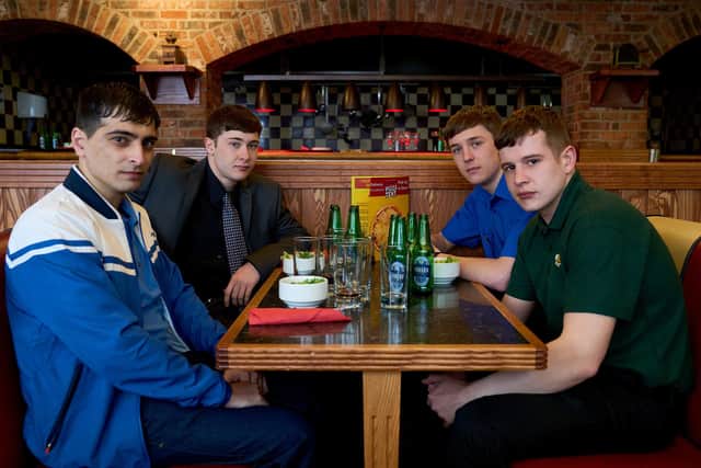 Friends Addy, Ralph, young Liam and Craggy in Ladhood. Photo: BBC/Natalie Seery