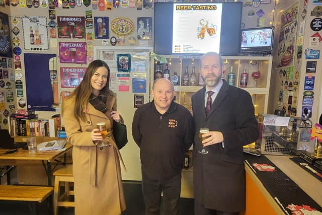 Jade Botterill, Labour candidate for Ossett and Denby Dale, visiting the Bier Huis in Ossett with Shadow Business Secretary Jonathan Reynolds.