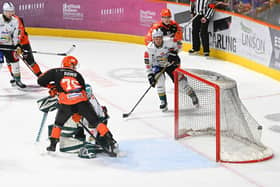 LEADING LIGHT: Captain Robert Dowd (No 75) puts Sheffield Steelers 3-1 ahead against Belfast Giants on Sunday night. Picture: Dean Woolley/Steelers Media.