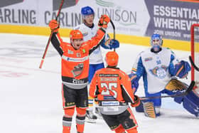 CELEBRATE: Mikko Juusola celebrates one of his two goals against Fife Flyers in October's 5-0 win at the Utilita Arena. Picture: Dean Woolley/Steelers Media.