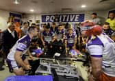Wakefield celebrate their famous win in the changing room. (Photo: Allan McKenzie/SWpix.com)