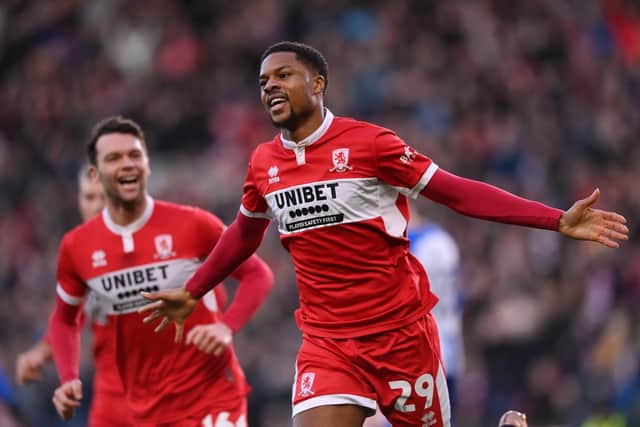 MIDDLESBROUGH, ENGLAND - JANUARY 07: Chuba Akpom of Middlesbrough celebrates after scoring the team's first goal during the Emirates FA Cup Third Round match between Middlesbrough and Brighton & Hove Albion at Riverside Stadium on January 07, 2023 in Middlesbrough, England. (Photo by Stu Forster/Getty Images)