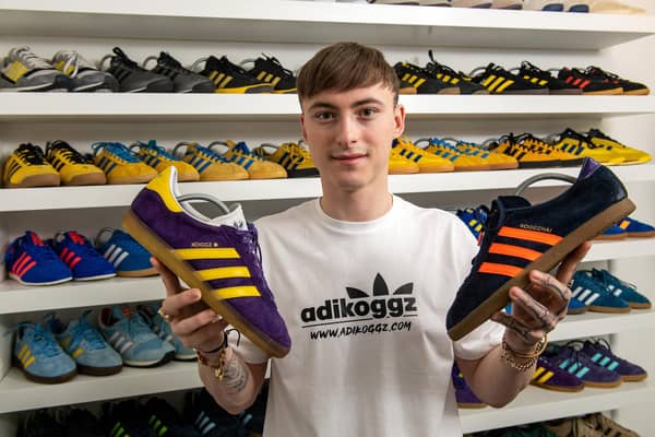Keilan Kogut, who customises trainers from his home in Pudsey, with his own personal collection.
18 October 2021.  Picture Bruce Rollinson