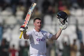 Harry Brook of England celebrates his century during Day Two of the Third Test between Pakistan and England at Karachi National Stadium on December 18, 2022 in Karachi (Picture: Matthew Lewis/Getty Images)