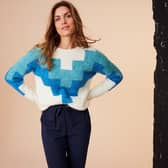 Blue geo-design jumper, £39.99, available now from Damart's SS24 collection.