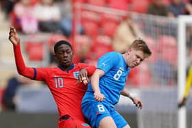IMPETUS: England Under-19 midfielder Kobbie Mainoo (left) and Iceland Kristian Hlynsson battle for the ball ent of the FA. No editing except cropping.