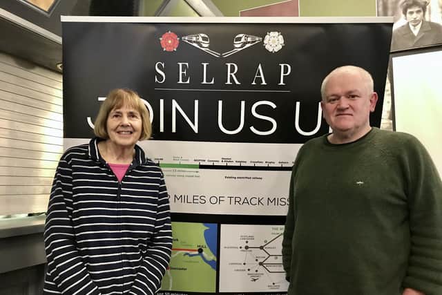 Jane Wood, left of Barnoldswick, and Peter Bryson, of Addingham, of SELARP. At Colne, March 2023. Skipton East Lancashire Rail Action Partnership. SELRAP.