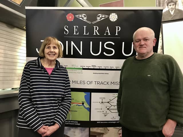 Jane Wood, left of Barnoldswick, and Peter Bryson, of Addingham, of SELARP. At Colne, March 2023. Skipton East Lancashire Rail Action Partnership. SELRAP.