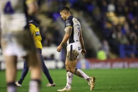 Nu Brown trudges off after being show a red card for a challenge on Warrington Wolves' Ben Currie. (Photo: Ed Sykes/SWpix.com)