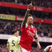 FAMILIAR FOE: Former Leeds United loan star Ben White celebrates scoring Arsenal's second goal of the game against his former club at the Emirates Stadium. Picture: Adam Davy/PA