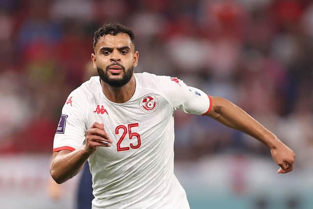 AL RAYYAN, QATAR - NOVEMBER 30: New Sheffield United signing Anis Ben Slimane controls the ball for Tunisia during the FIFA World Cup Qatar 2022 Group D match between Tunisia and France at Education City Stadium on November 30, 2022 in Al Rayyan, Qatar. (Photo by Ryan Pierse/Getty Images)