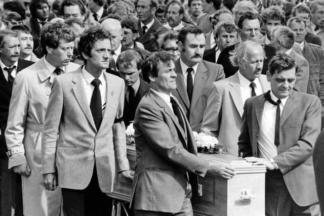 June 22nd,1984. Hundreds of striking miners follow the coffin of fellow pitman Joe Green at his funeral in Knottingley today. Mr. Green was hit by an articulated lorry outside Ferrybridge Power Station.