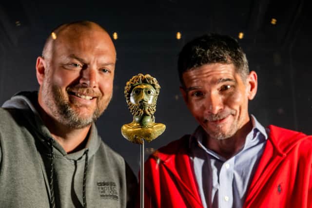 James Sparks and Mark Didlick who were responsible for discovering the very high profile North Yorkshire hoard looking at the small bronze bust of Antonine emperor Marcus Aurelius one of a number of items which they found. Picture By Yorkshire Post Photographer