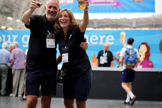 Acorn's Dave and Christy Hughes raise a glass at the Great British Beer Festival. (Photo supplied by Acorn Brewery)