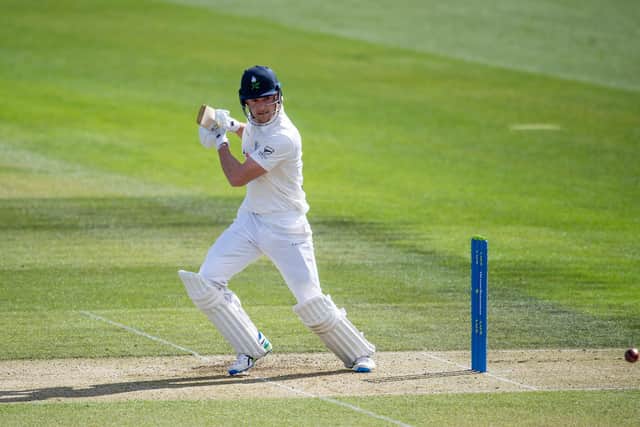 Finlay Bean cuts the ball away en route to his maiden first-class century against Leicestershire. Picture by Allan McKenzie/SWpix.com