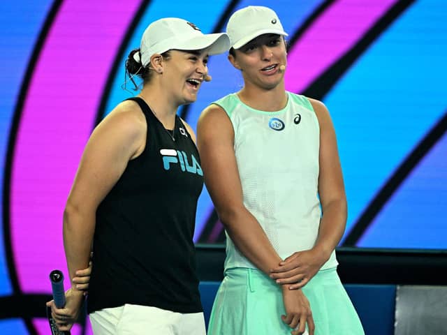 Retired former world number one Australian tennis player Ashleigh Barty (L) and Poland's Iga Swiatek attend an event of 'Kids Tennis Day' ahead of the Australian Open tennis tournament in Melbourne (Picture: WILLIAM WEST/AFP via Getty Images)