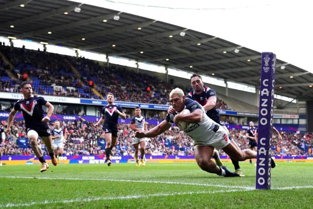 Ryan Hall goes over for his second try. (Photo: Martin Rickett/PA Wire)