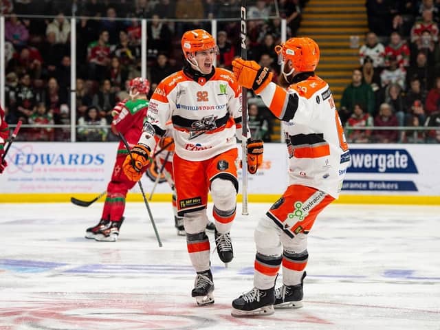SO CLOSE: Mitchell Balmas celebrates scoring for Sheffield Steelers in their 5-1 win at Cardiff in January - a regulation win tonight at the same Vindico Arena venue will see the Steelers lift the Elite League Championshio. Picture: James Assinder/Cardiff Devils