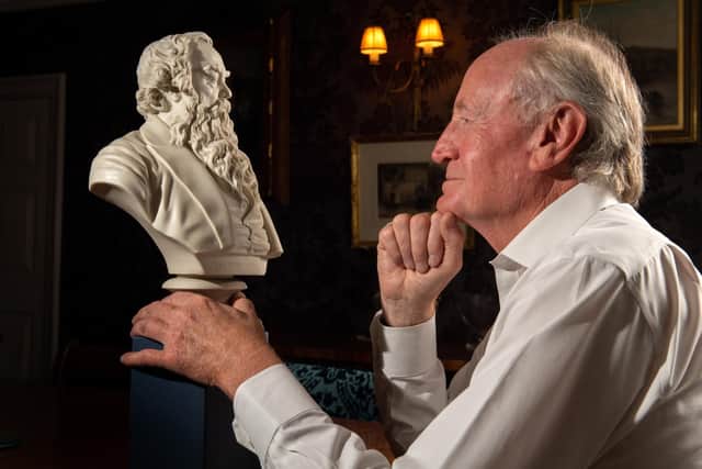 David Kerfoot, MBE, and his collection of Politcal antique's collection.
 David pictured with a bust of Sir Titus Salt. (A Copeland Parian bust by John Adams circa 1880 and published by J Rhodes in 1877)