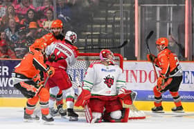 OVER THE LINE: Sheffield Steelers' Mark Simpson starts to celebrate after jamming the puck home against Cardiff on Saturday. Picture: Dean Woolley/Steelers Media.