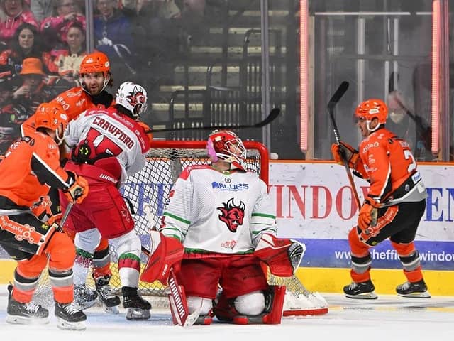 OVER THE LINE: Sheffield Steelers' Mark Simpson starts to celebrate after jamming the puck home against Cardiff on Saturday. Picture: Dean Woolley/Steelers Media.