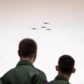 Ukrainian fast jet pilots watching a flypast at their graduation ceremony at the High-G training and test facility at RAF Cranwell. PIC: Andrew Wheeler/UK MOD Crown copyright/PA Wire