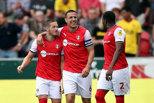 Rotherham United's Richard Wood (centre) celebrates scoring his side's first goal of the game against Watford. Picture: Isaac Parkin/PA Wire.