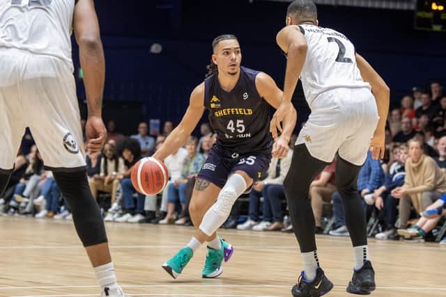On his home debut, Parker Stewart was two from five from three-point range in Sheffield Sharks' 86-56 win over Newcastle Eagles on 8th October 2023 (Picture: Tony Johnson)