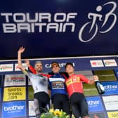 Jumbo-Visma's Wout van Aert (centre), Uno-X Pro Cycling Team's Tobias Johannessen (right), and Q36.5 Pro Cycling Team's Damien Howson finishing in gold, silver and bronze respectively celebrate following stage eight of the 2023 Tour of Britain, from Margam Country Park to Caerphilly. Picture date: Sunday September 10, 2023. Simon Galloway/PA Wire.