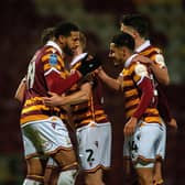 Bradford City striker Vadaine Oliver, pictured celebrating after scoring against Liverpool under-21s in the EFL Trophy in December. He has joined League One side Stevenage on loan. Picture: Bruce Rollinson.